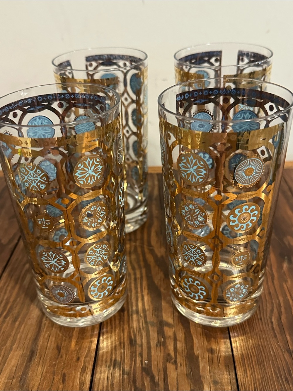 CulverLtd 22k Gold & Turquoise Signed Glassware Barware set of 4
